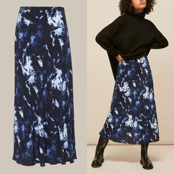 Whistles High Waisted Tie Dye Bias Midi Skirt Flowy Hem Blue Retro Minimalist 2 - Picture 1 of 9